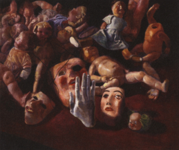 Puppen, Masken und Gipshand, 1998, Mischtechnik auf Hartfaser, 90 x 100 cm