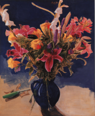 Blumenstrauß mit Schraubenzieher, 1990, Mischtechnik auf Hartfaser, 100 x 80 cm 