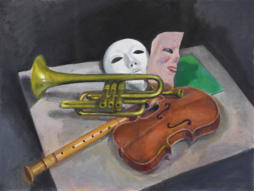 Musikinstrumente mit Masken, 2020, Mischtechnik auf Hartfaser, 60 x 80 cm